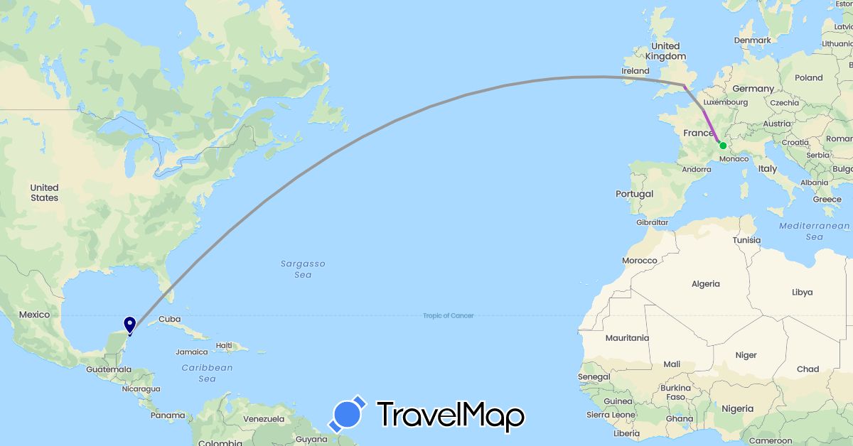 TravelMap itinerary: driving, bus, plane, train in France, United Kingdom, Mexico (Europe, North America)